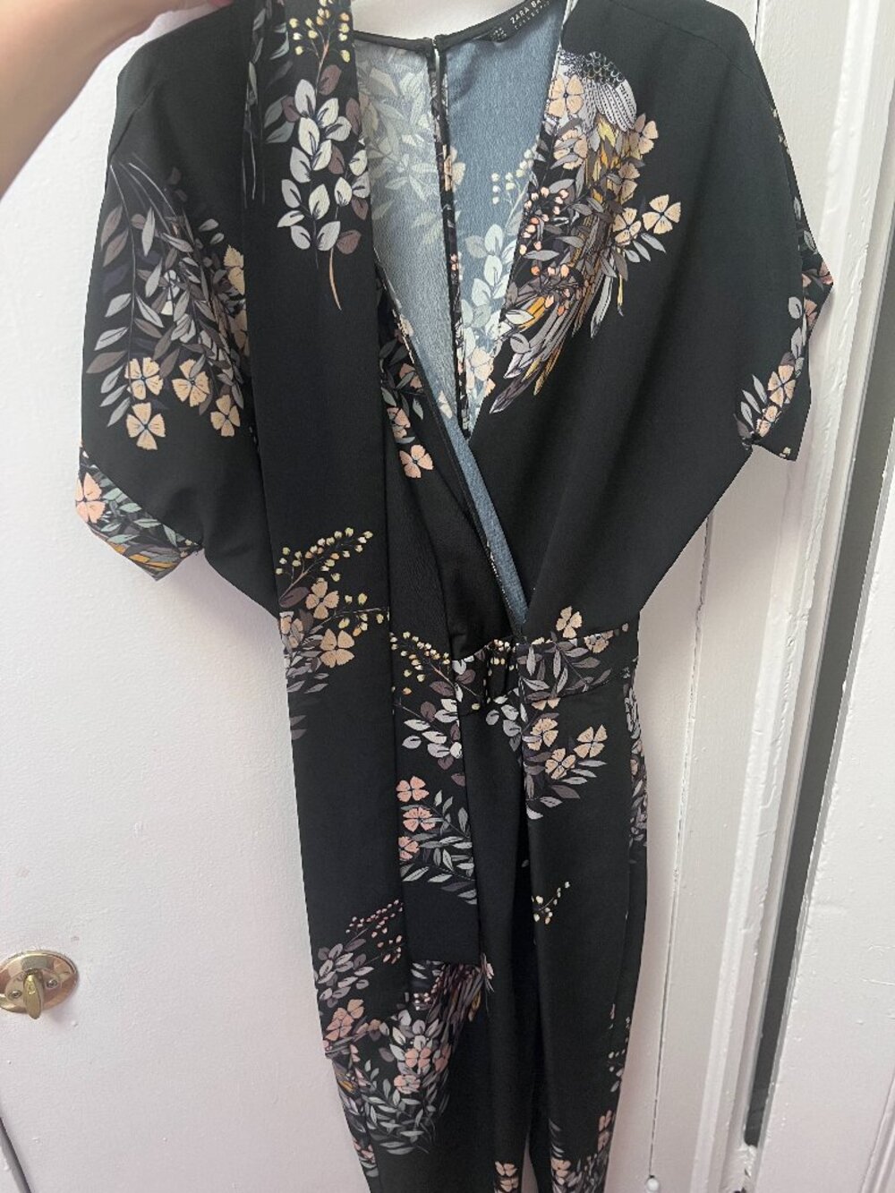 Zara Womens Jumpsuit Deep V Open Back Asian Print Stork Bird